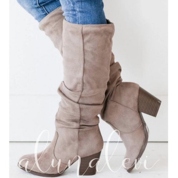 Shoes - VEGAN SUEDE CHUNKY HIGH HEEL BOOTS - TAUPE